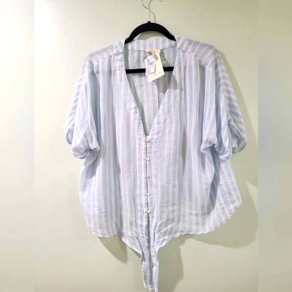 Sale NWT ELAN LINEN VISCOSE STRIPED TOP PEARL BUTTONS VNECK - Picture 3 of 7